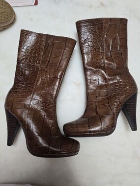 Randolph Duke Brown Croc-Embossed High Heel Ankle Boots